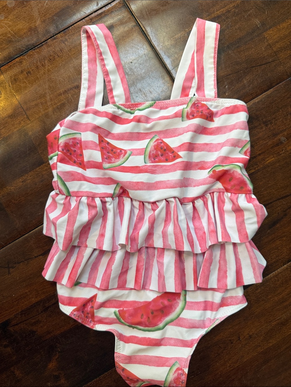 Kids Pink Stripe Watermelon Ruffle One-Piece Swimsuit
